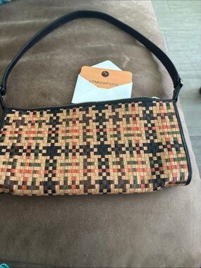 Monsac Woven Shoulder Bag in Tan, Black, Green & Red